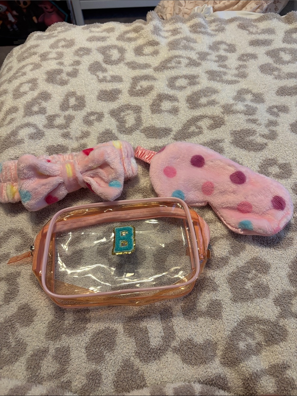 Pink Polka Dot Sleep Mask & Headband Set with Clear Travel Pouch “B”